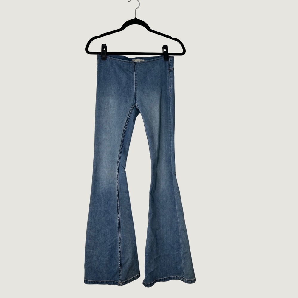 Free People Penny Pull On Flare Jeans Womens 24 Blue 70s Hippie Festival Disco